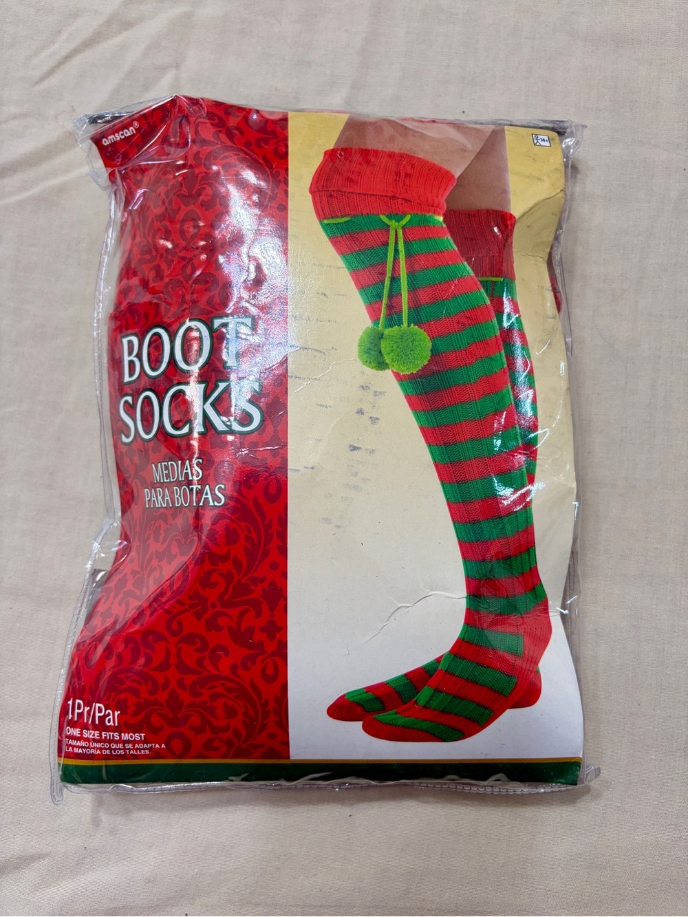 Christmas Elf Boot Socks Red/Green Striped Over-the-Knee One Size
